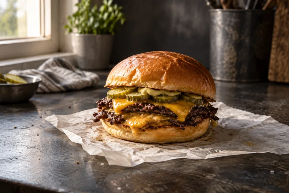 Illustration av en dubbel smashburgare med cheddar och gurka